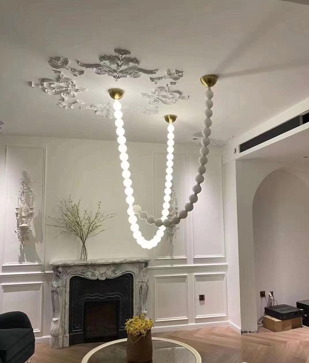 Pearl Necklace Acrylic Ball Chandelier, Modern Gold LED Pendant Light