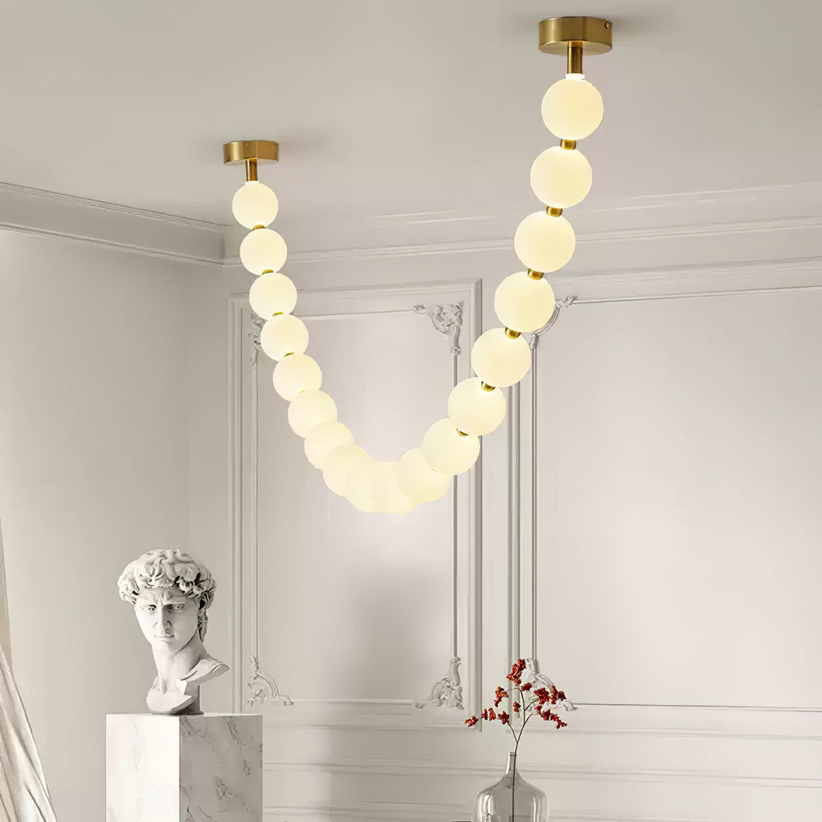 Pearl Necklace Acrylic Ball Chandelier, Modern Gold LED Pendant Light