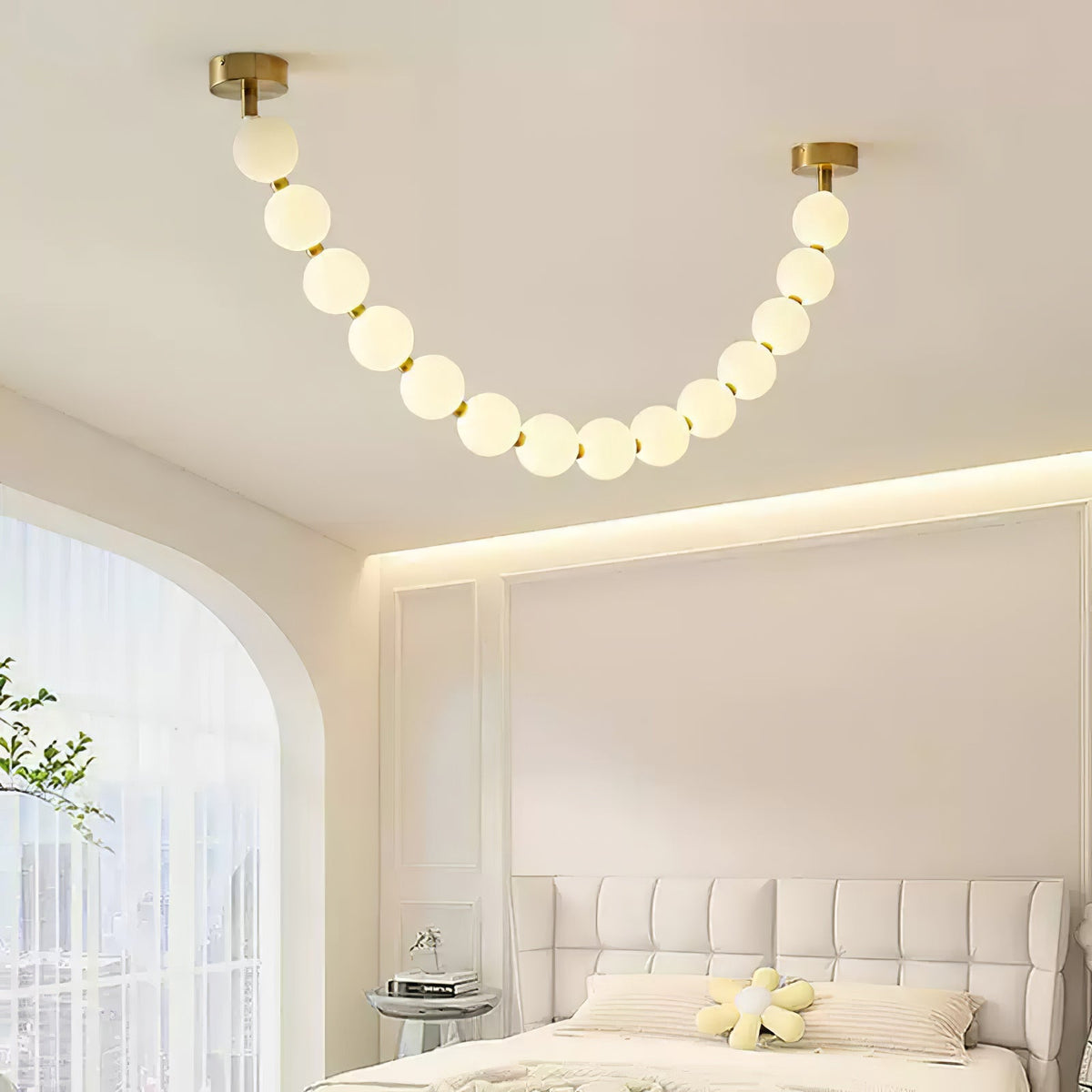 Pearl Necklace Acrylic Ball Chandelier, Modern Gold LED Pendant Light