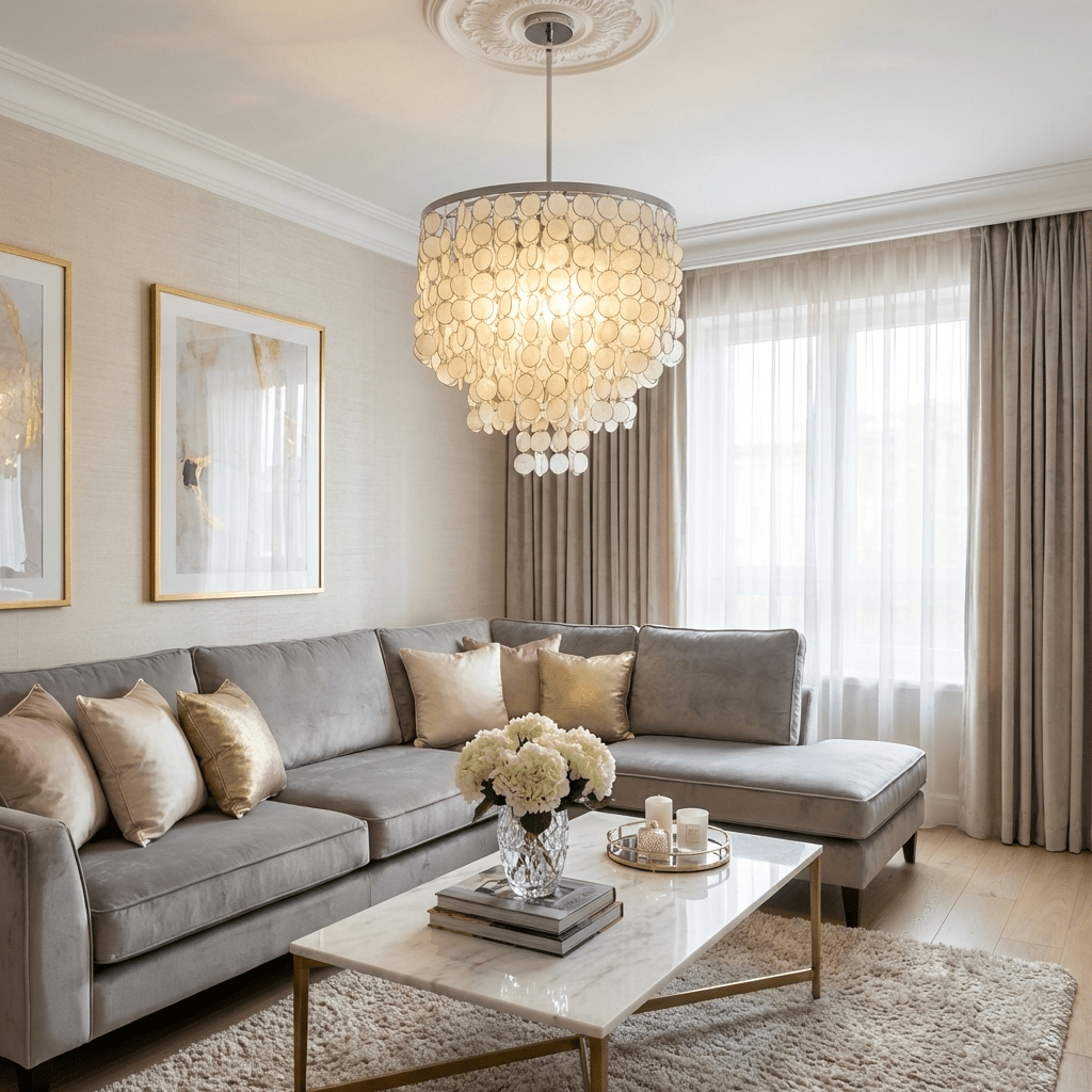 Pearl Shell Chandelier – Natural Shell Disc Pendant Light for Coastal Interiors