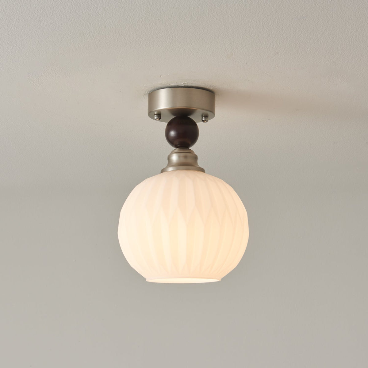 Pearl Sphere Flush Mount Ceiling Light in Frosted Glass and Walnut