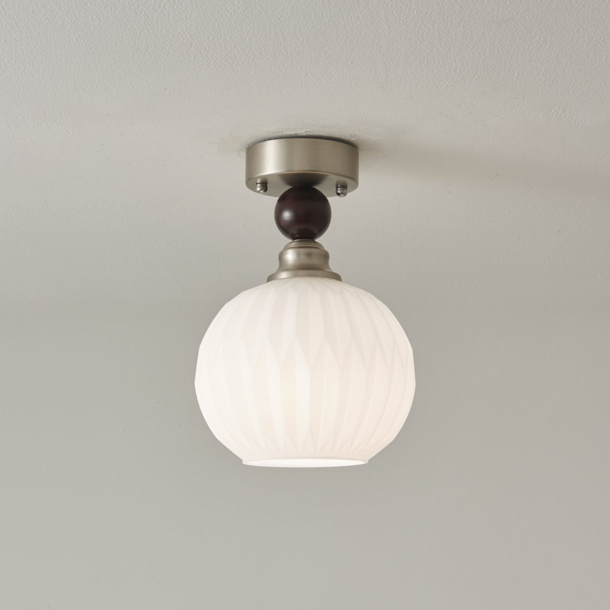Pearl Sphere Flush Mount Ceiling Light in Frosted Glass and Walnut
