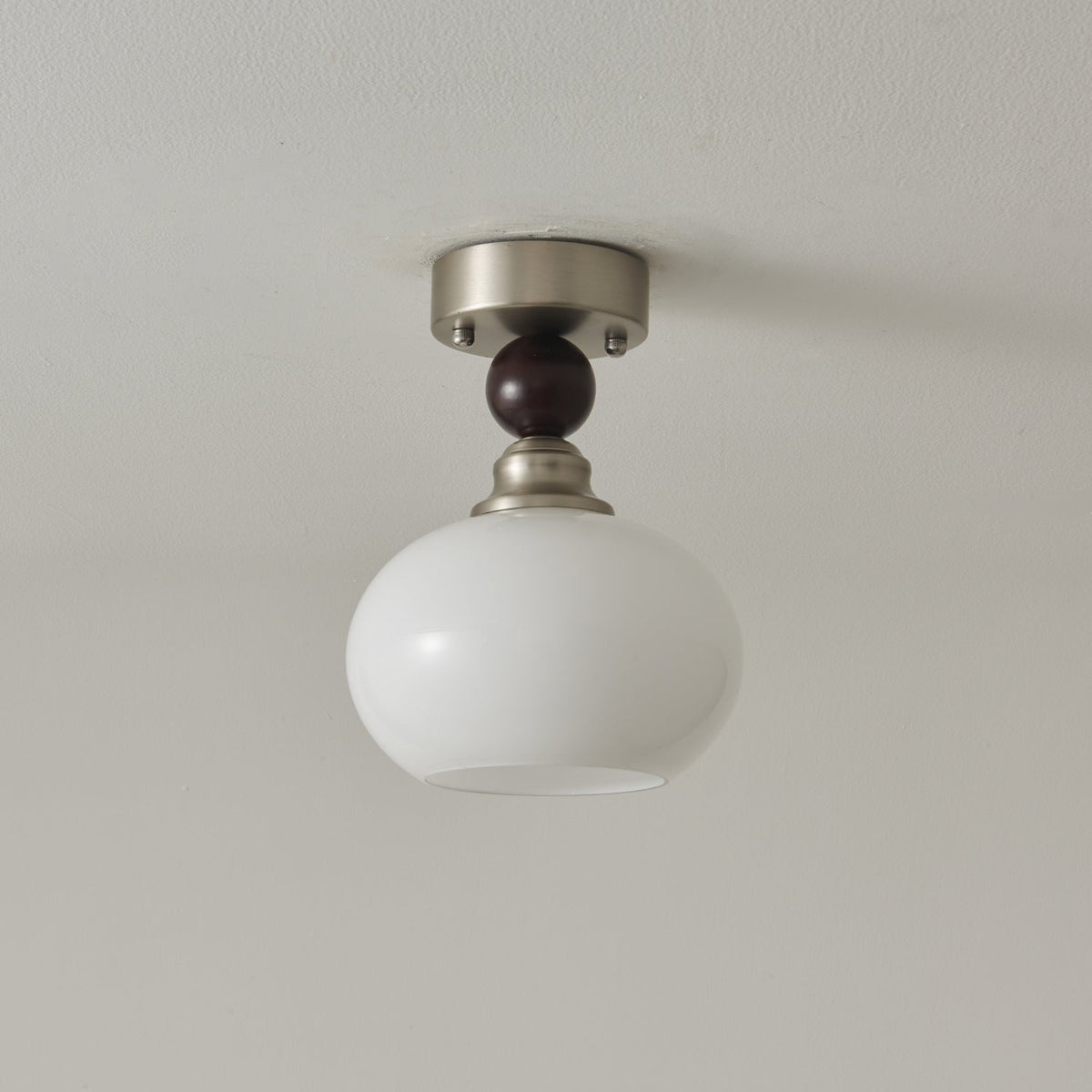 Pearl Sphere Flush Mount Ceiling Light in Frosted Glass and Walnut