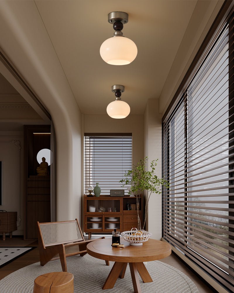 Pearl Sphere Flush Mount Ceiling Light in Frosted Glass and Walnut