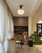 Pearl Sphere Flush Mount Ceiling Light in Frosted Glass and Walnut