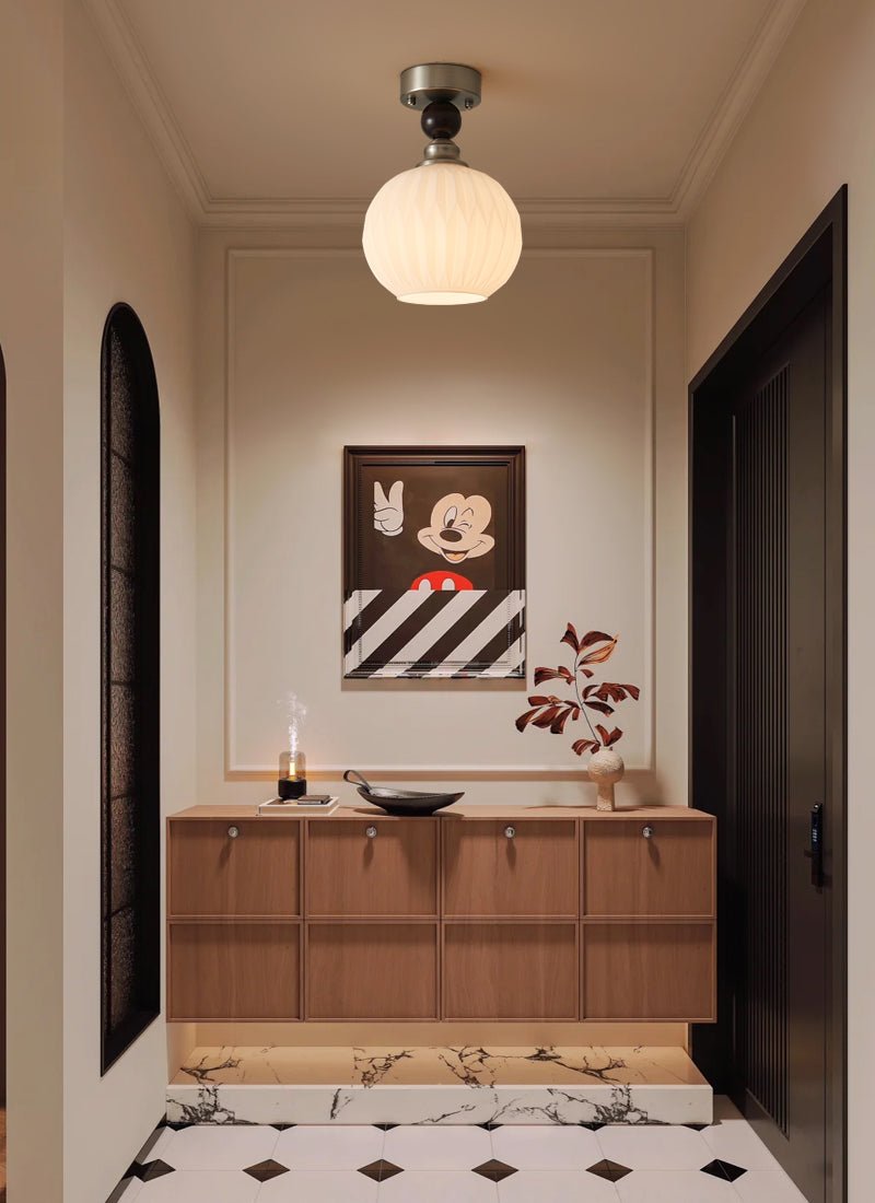 Pearl Sphere Flush Mount Ceiling Light in Frosted Glass and Walnut