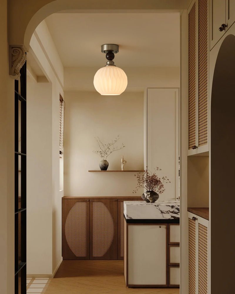 Pearl Sphere Flush Mount Ceiling Light in Frosted Glass and Walnut