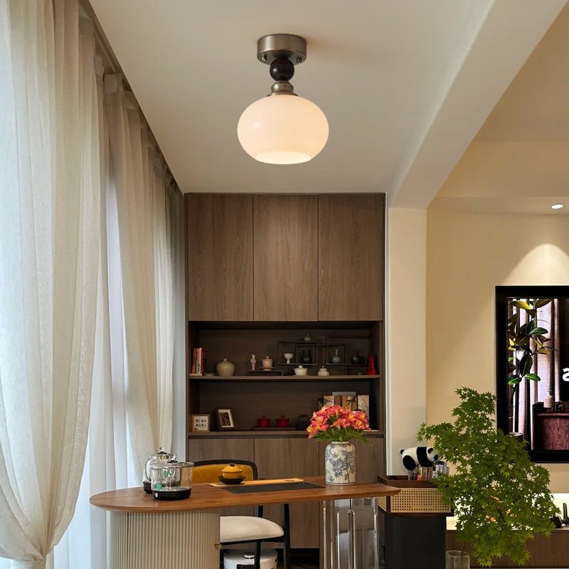 Pearl Sphere Flush Mount Ceiling Light in Frosted Glass and Walnut