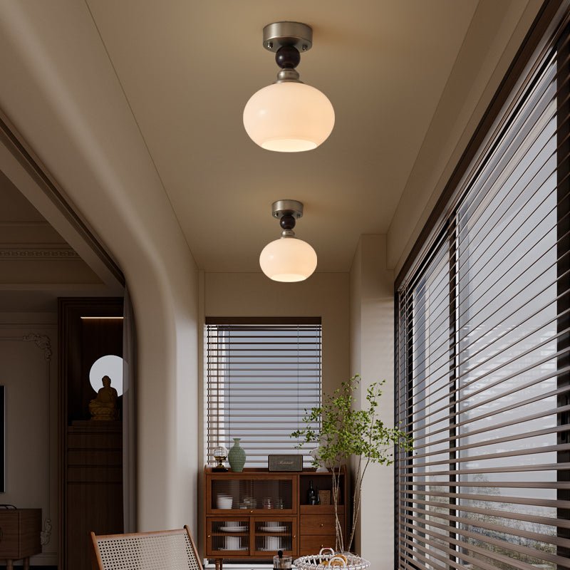 Pearl Sphere Flush Mount Ceiling Light in Frosted Glass and Walnut