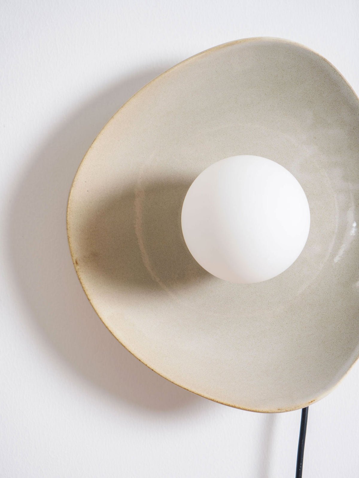 Pebble Disc Ceramic Plug-In Wall Sconce, Taupe & White, Modern Minimalist