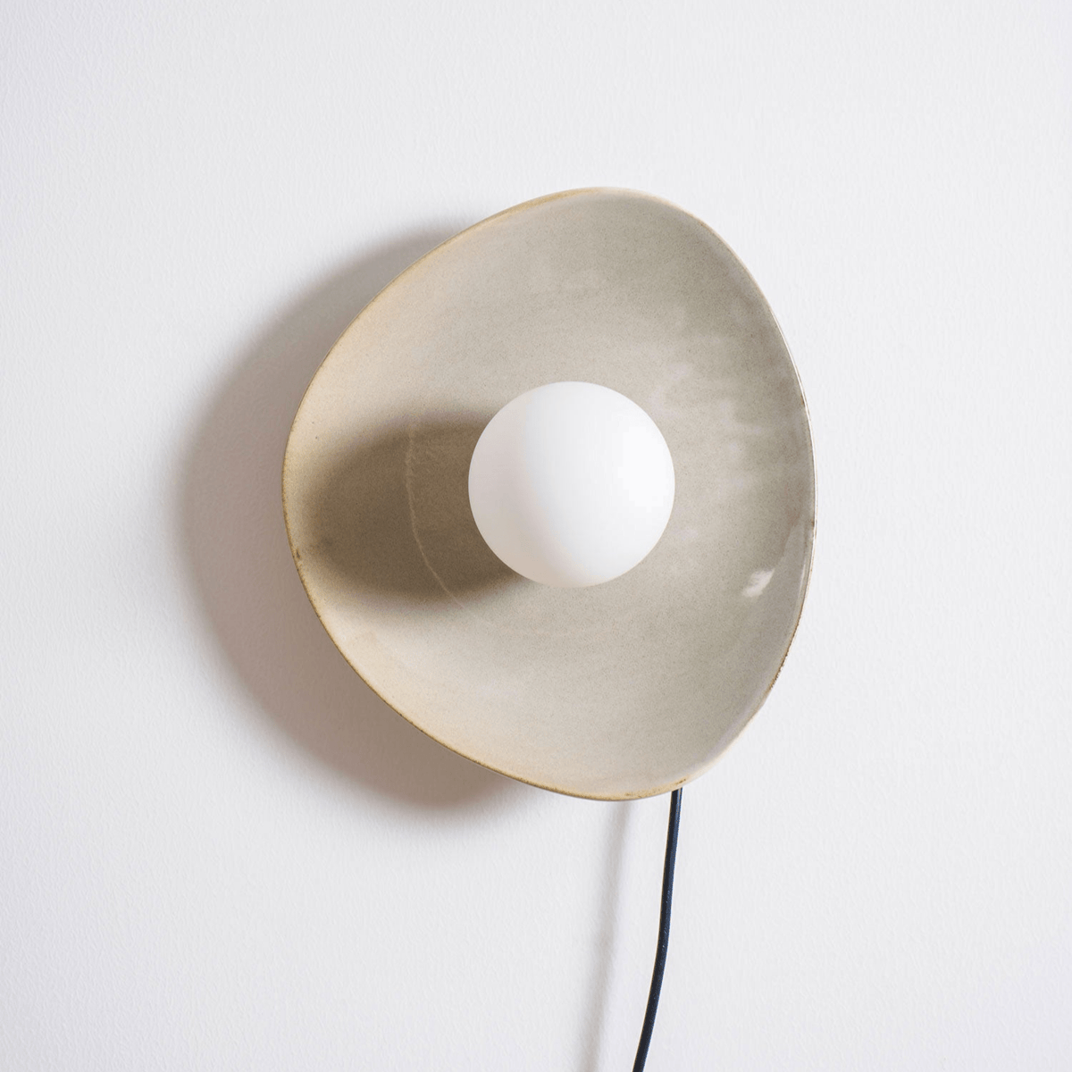 Pebble Disc Ceramic Plug-In Wall Sconce, Taupe & White, Modern Minimalist