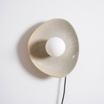 Pebble Disc Ceramic Plug-In Wall Sconce, Taupe & White, Modern Minimalist