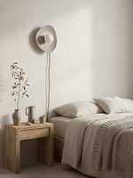 Pebble Disc Ceramic Plug-In Wall Sconce, Taupe & White, Modern Minimalist
