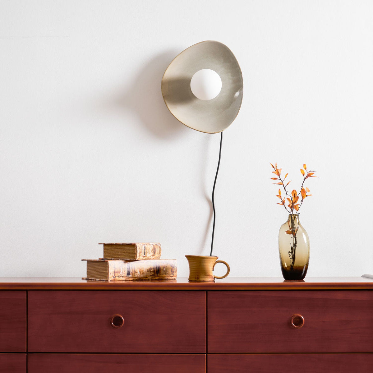 Pebble Disc Ceramic Plug-In Wall Sconce, Taupe & White, Modern Minimalist