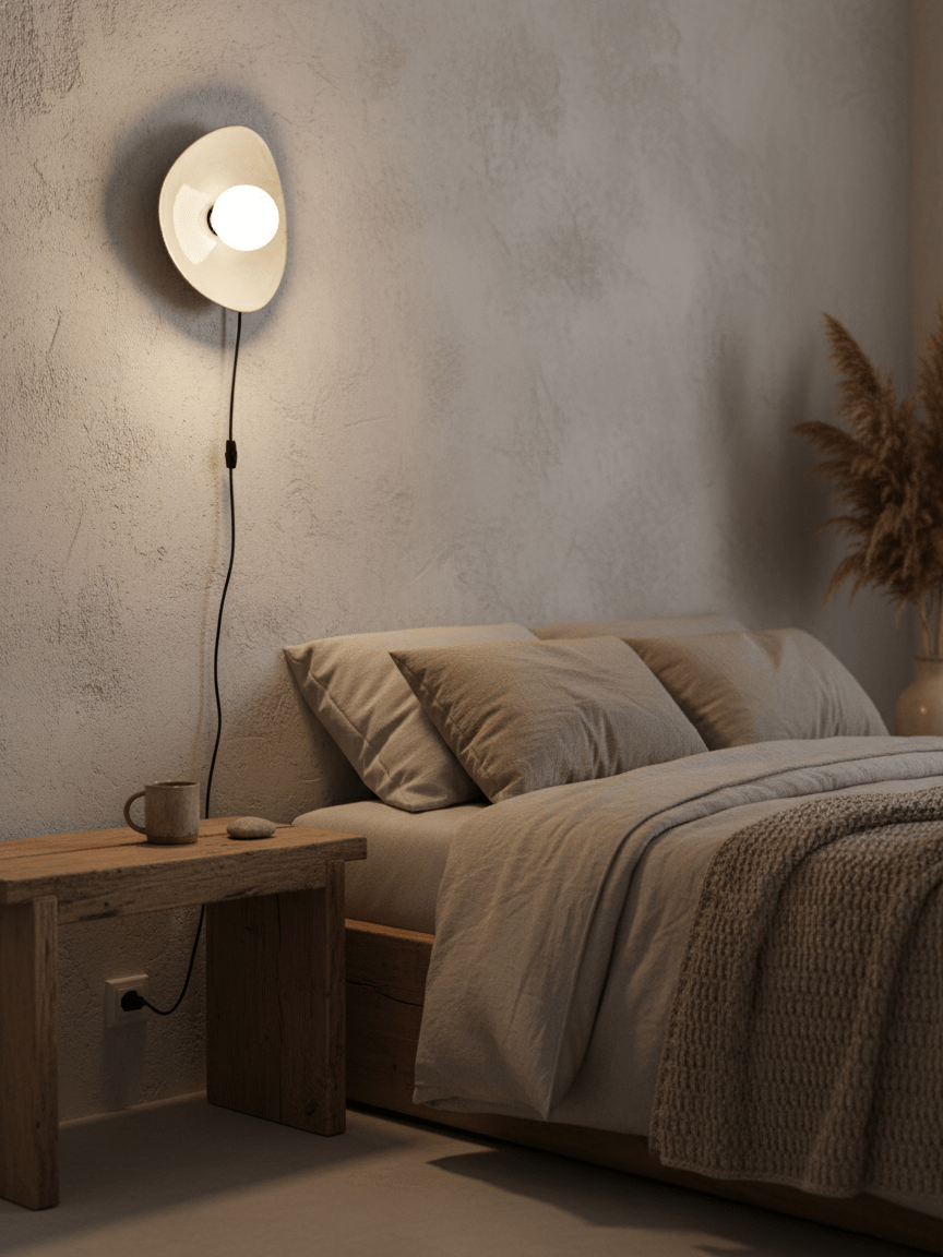 Pebble Disc Ceramic Plug-In Wall Sconce, Taupe & White, Modern Minimalist