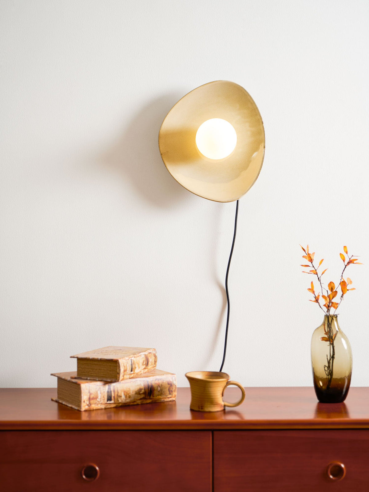 Pebble Disc Ceramic Plug-In Wall Sconce, Taupe & White, Modern Minimalist