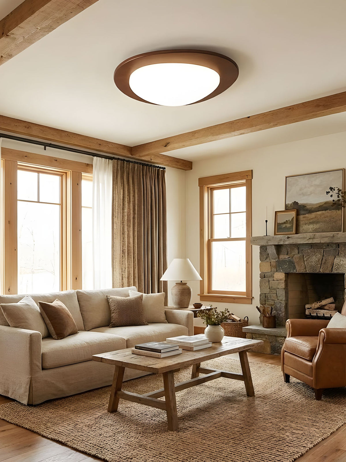 Pebble Walnut Wood LED Flush Mount Ceiling Light for Modern Interiors