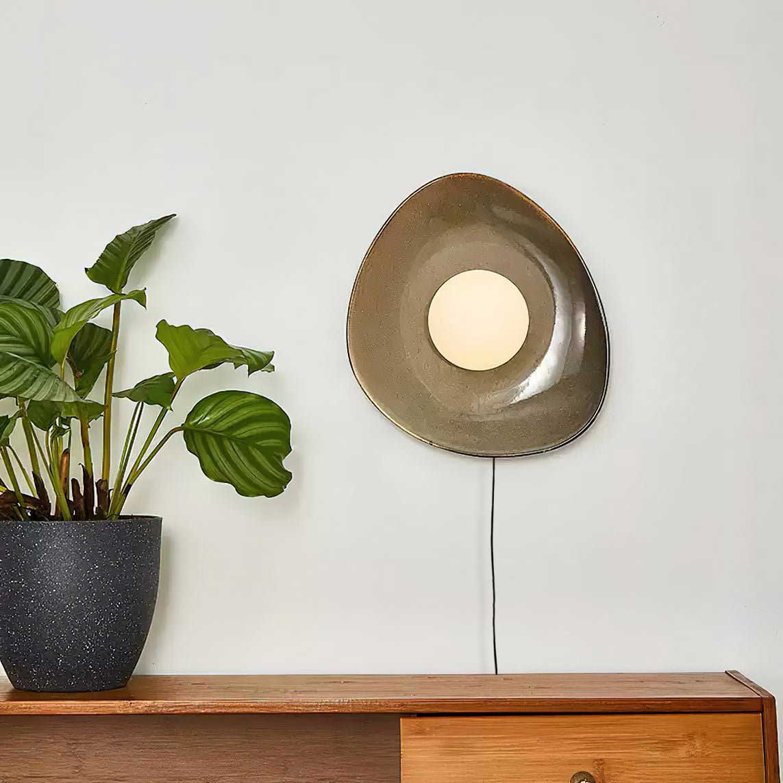 Pebble Disc Ceramic Plug-In Wall Sconce, Taupe & White, Modern Minimalist