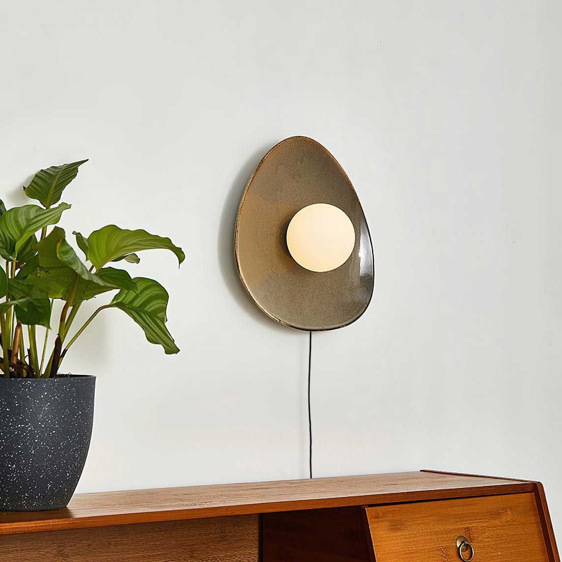 Pebble Disc Ceramic Plug-In Wall Sconce, Taupe & White, Modern Minimalist