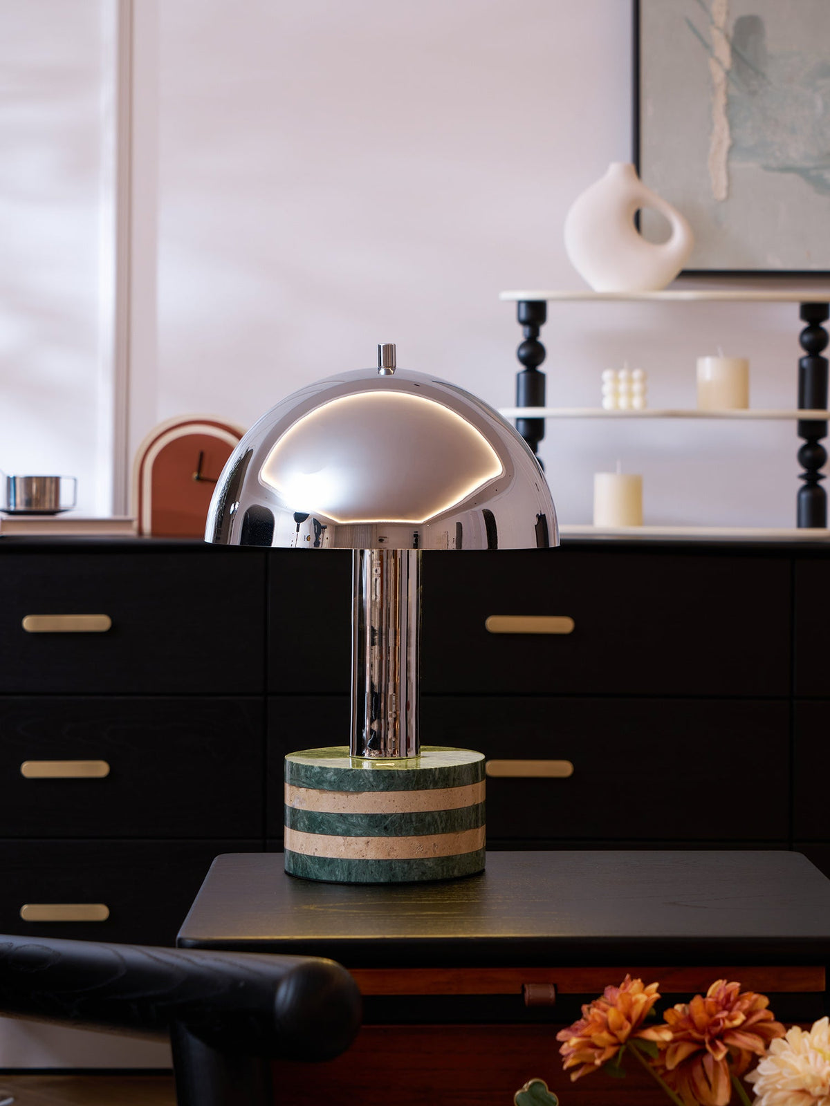 Luno Chrome Table Lamp with Green Marble Base – Modern Designer Desk Light