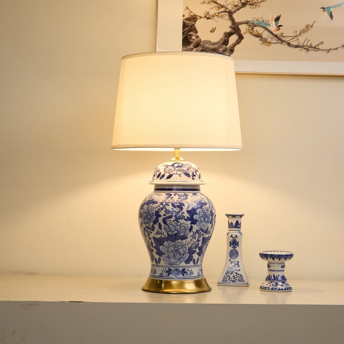 Peony Porcelain Jar Table Lamp with Fabric Shade