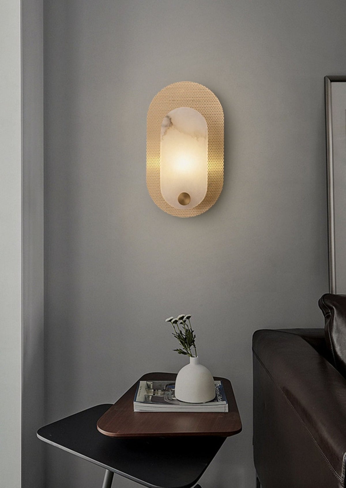 Perforated Oval Wall Sconce in Alabaster and Gold
