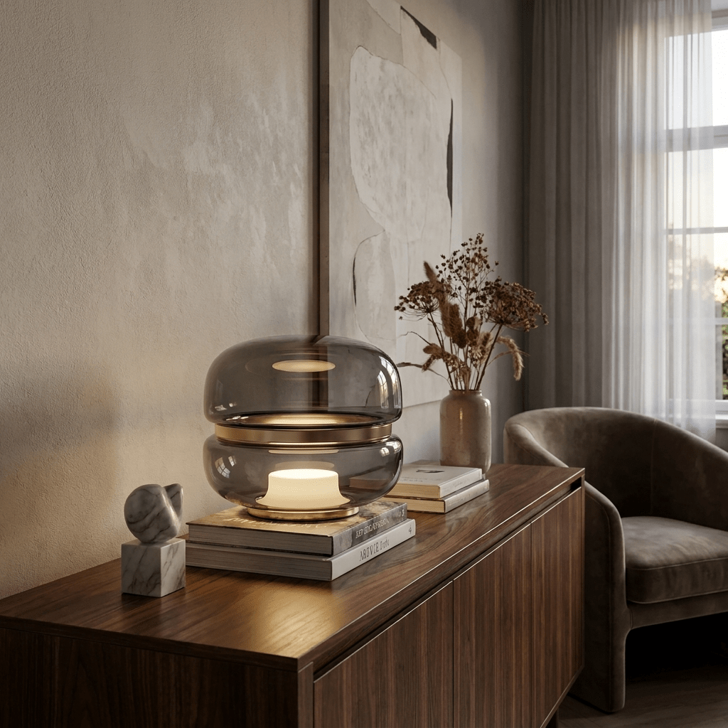 Perla Smoke Glass Table Lamp with Alabaster Center