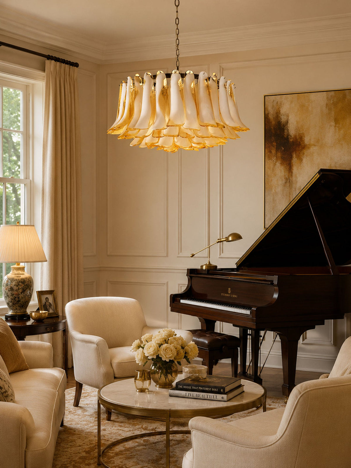 Amber Glass Petal Chandelier for Dining Room and Living Room