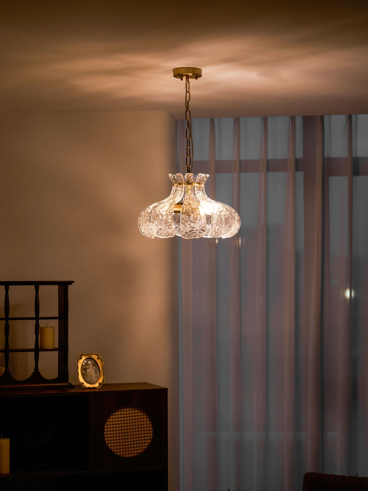Petal Ice Glass Pendant Light – Brass Accents, Modern Elegance