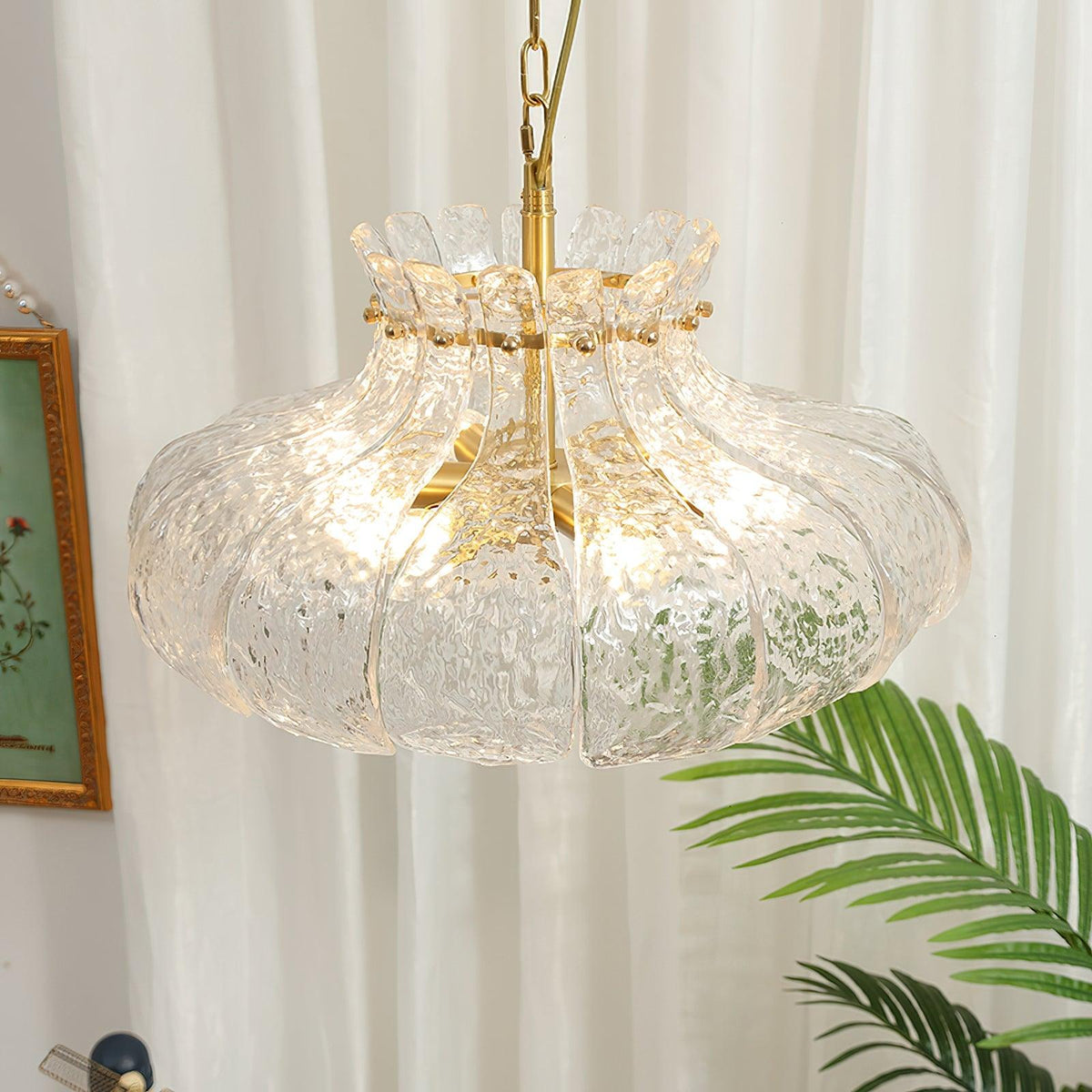 Petal Ice Glass Pendant Light – Brass Accents, Modern Elegance