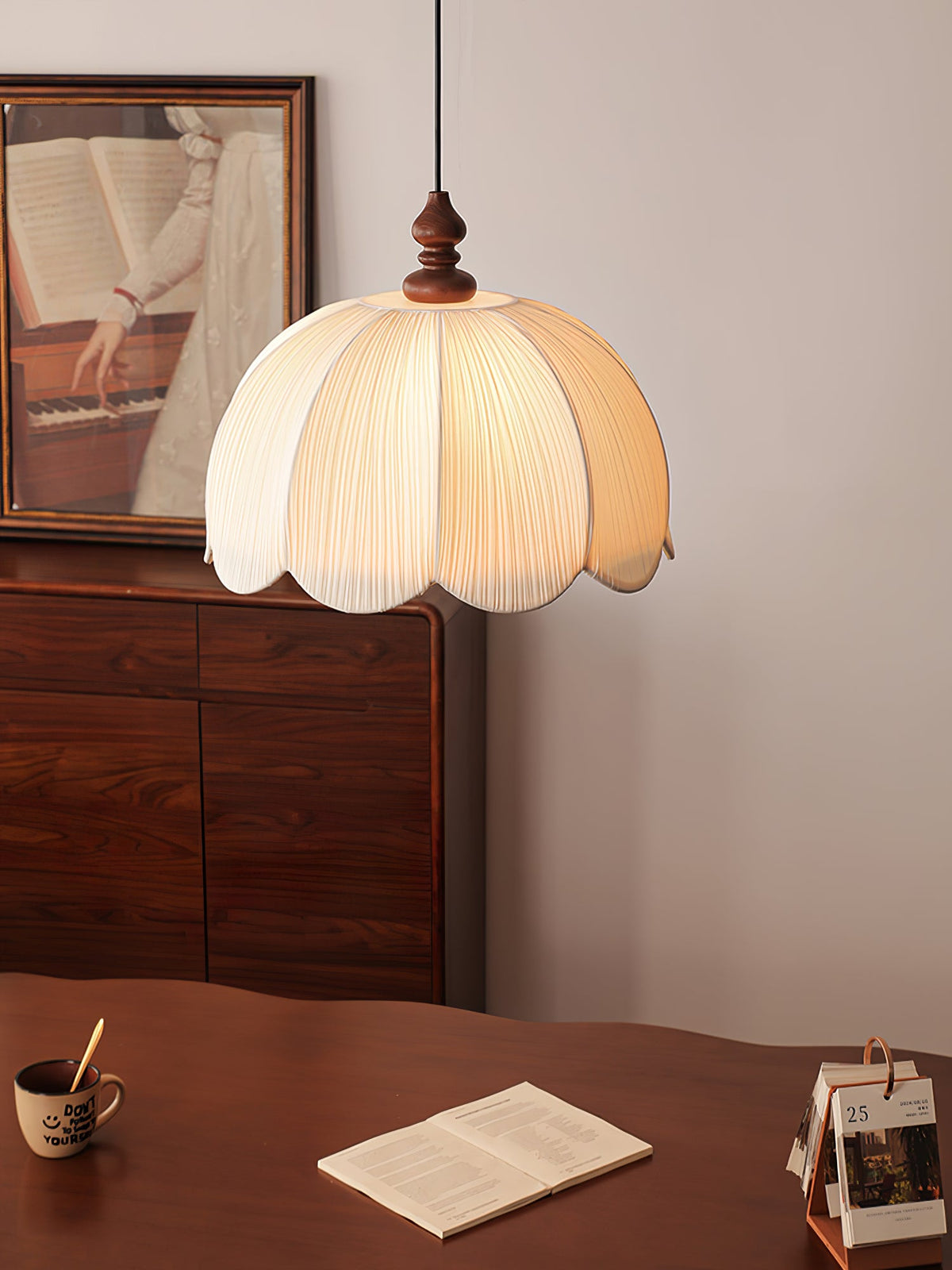 Petalora Fabric Pendant Light with Walnut Accent for Dining and Living Spaces
