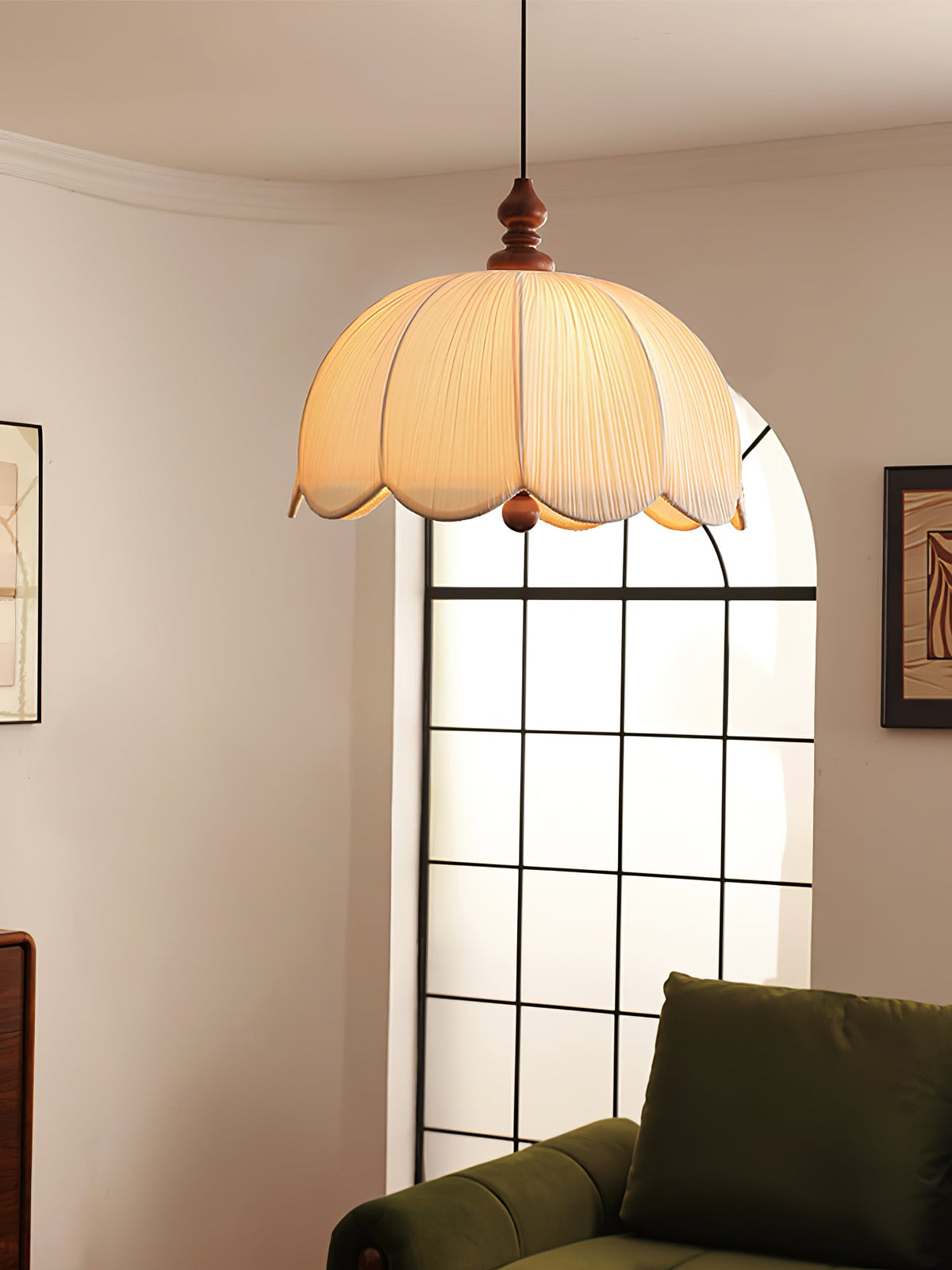 Petalora Fabric Pendant Light with Walnut Accent for Dining and Living Spaces