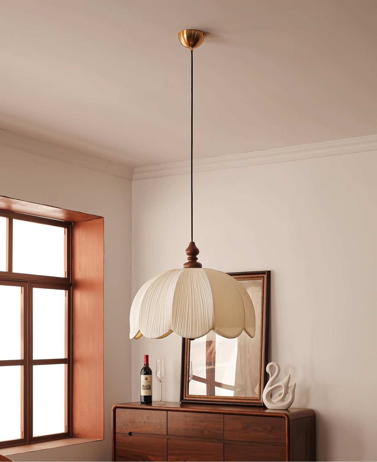 Petalora Fabric Pendant Light with Walnut Accent for Dining and Living Spaces