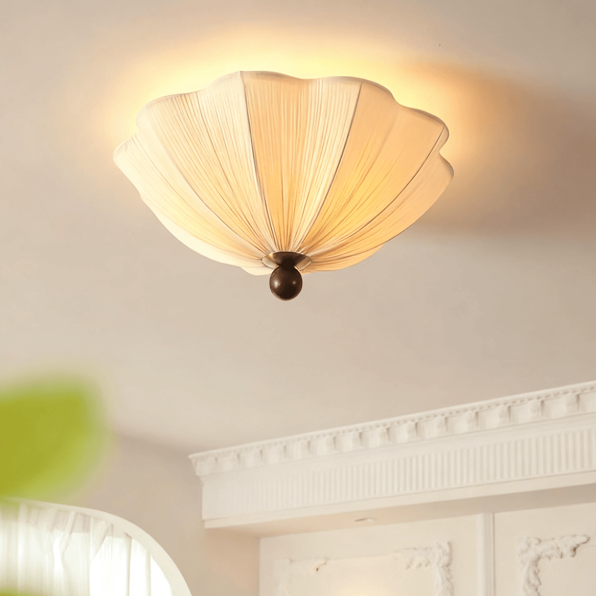 Petals Fabric Ceiling Light – Modern Flush Mount in Walnut & Beige