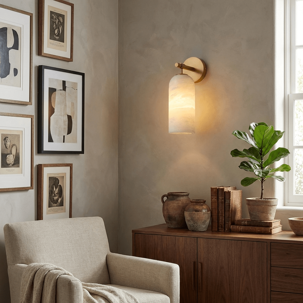Pillar Alabaster Wall Sconce – Natural Stone, Brushed Gold Accent