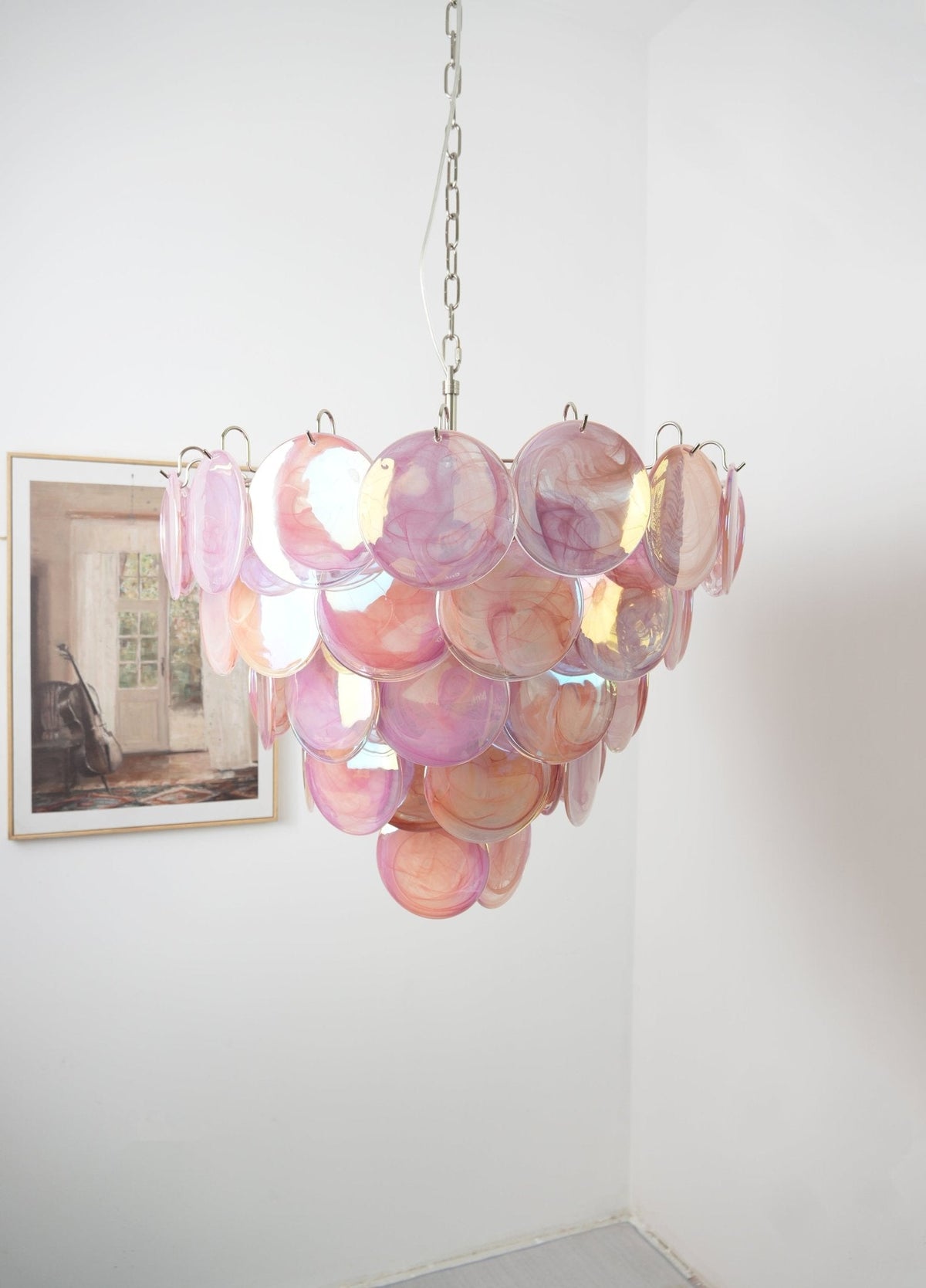 Pink Glass Disc Chandelier | Modern Designer Pendant Light for Dining & Living Rooms