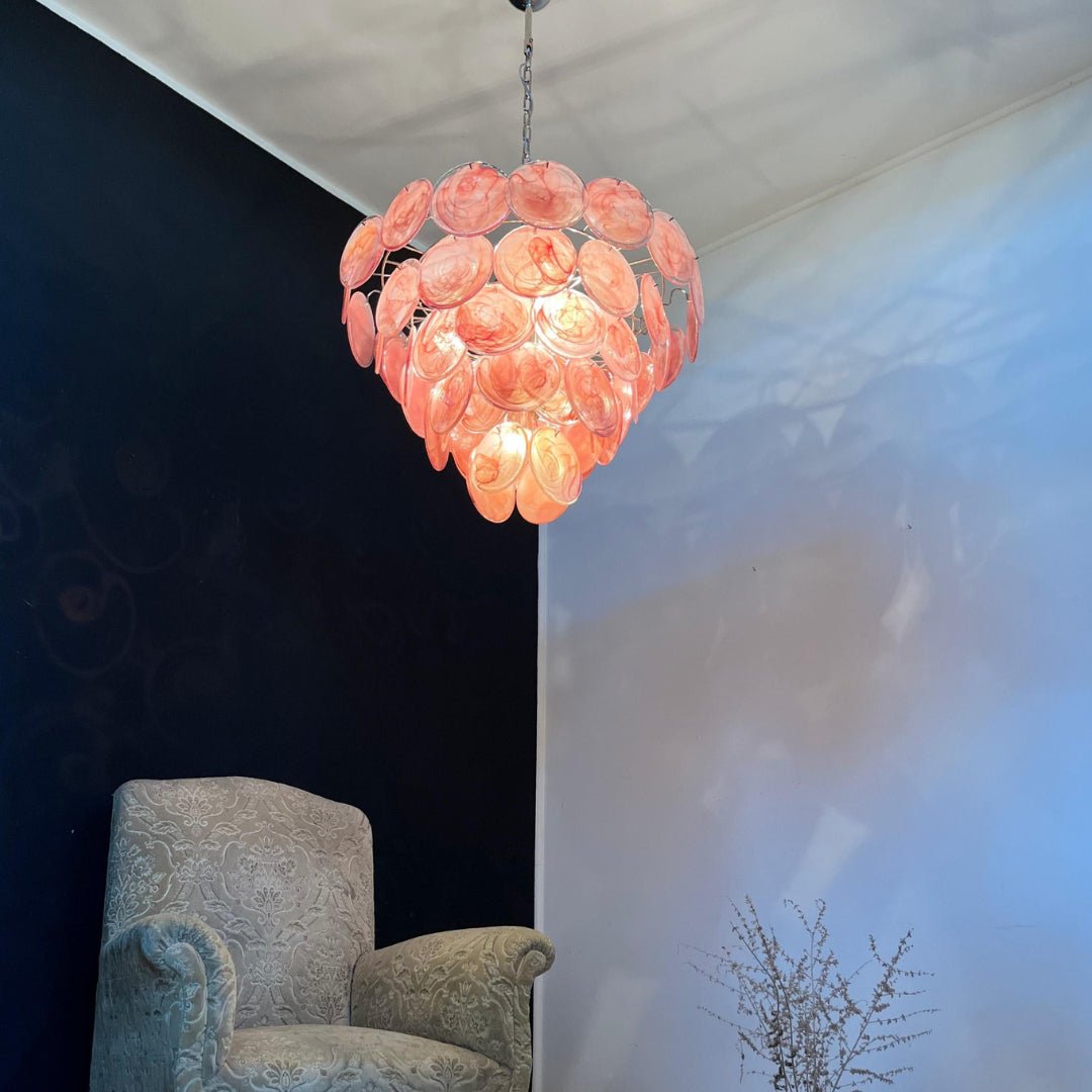 Pink Glass Disc Chandelier | Modern Designer Pendant Light for Dining & Living Rooms