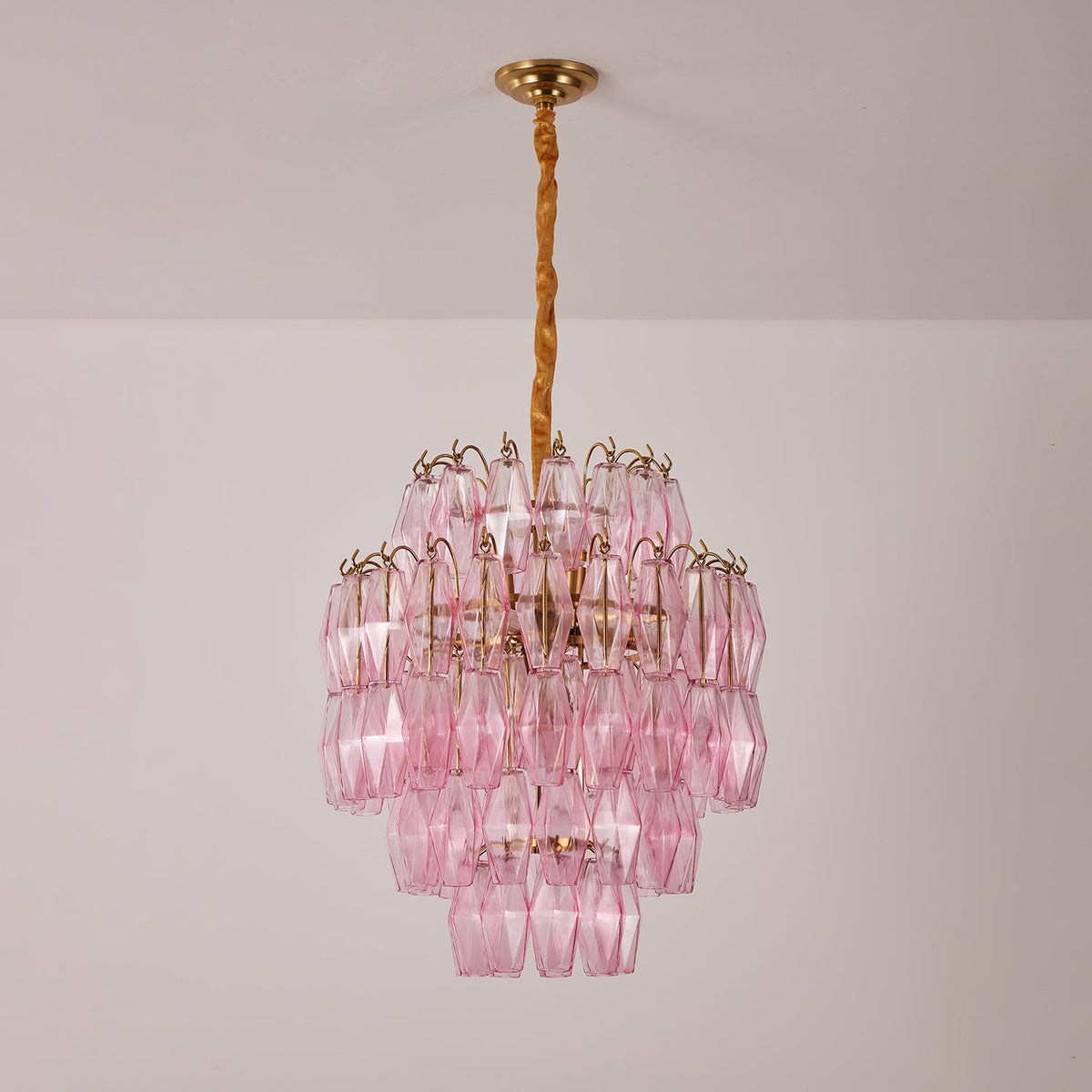 Pink Glass Prism Chandelier in Brass with Hand-Blown Triedri Glass
