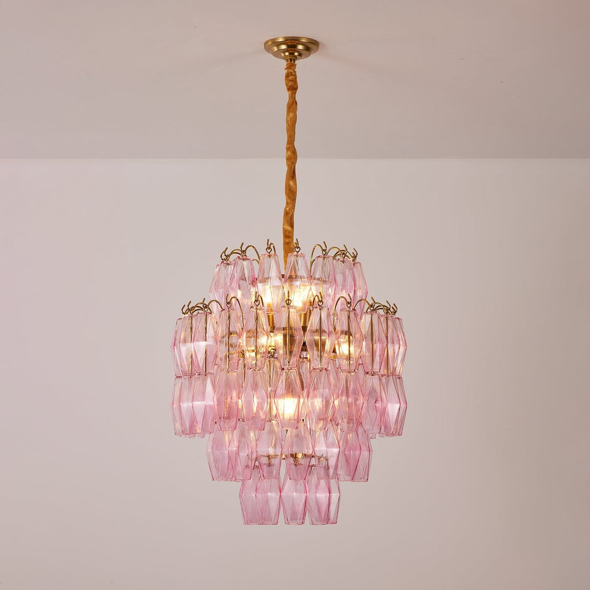 Pink Glass Prism Chandelier in Brass with Hand-Blown Triedri Glass
