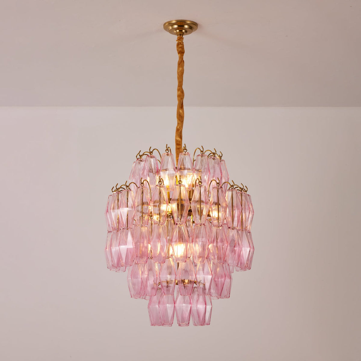 Pink Glass Prism Chandelier in Brass with Hand-Blown Triedri Glass
