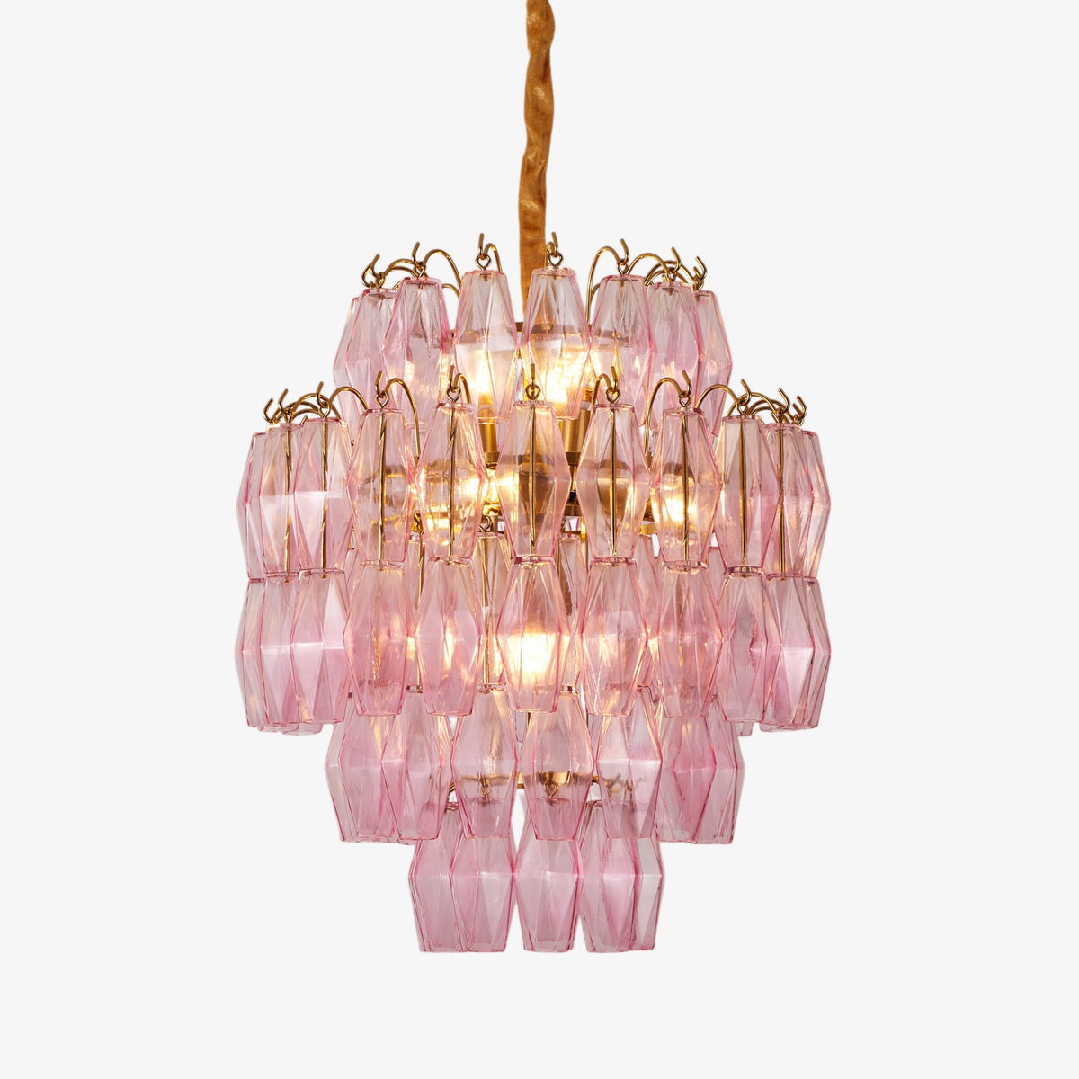 Pink Glass Prism Chandelier in Brass with Hand-Blown Triedri Glass