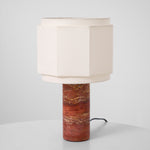 Terra Hexa Table Lamp – Red Travertine & Fabric Hexagonal Shade