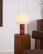 Terra Hexa Table Lamp – Red Travertine & Fabric Hexagonal Shade