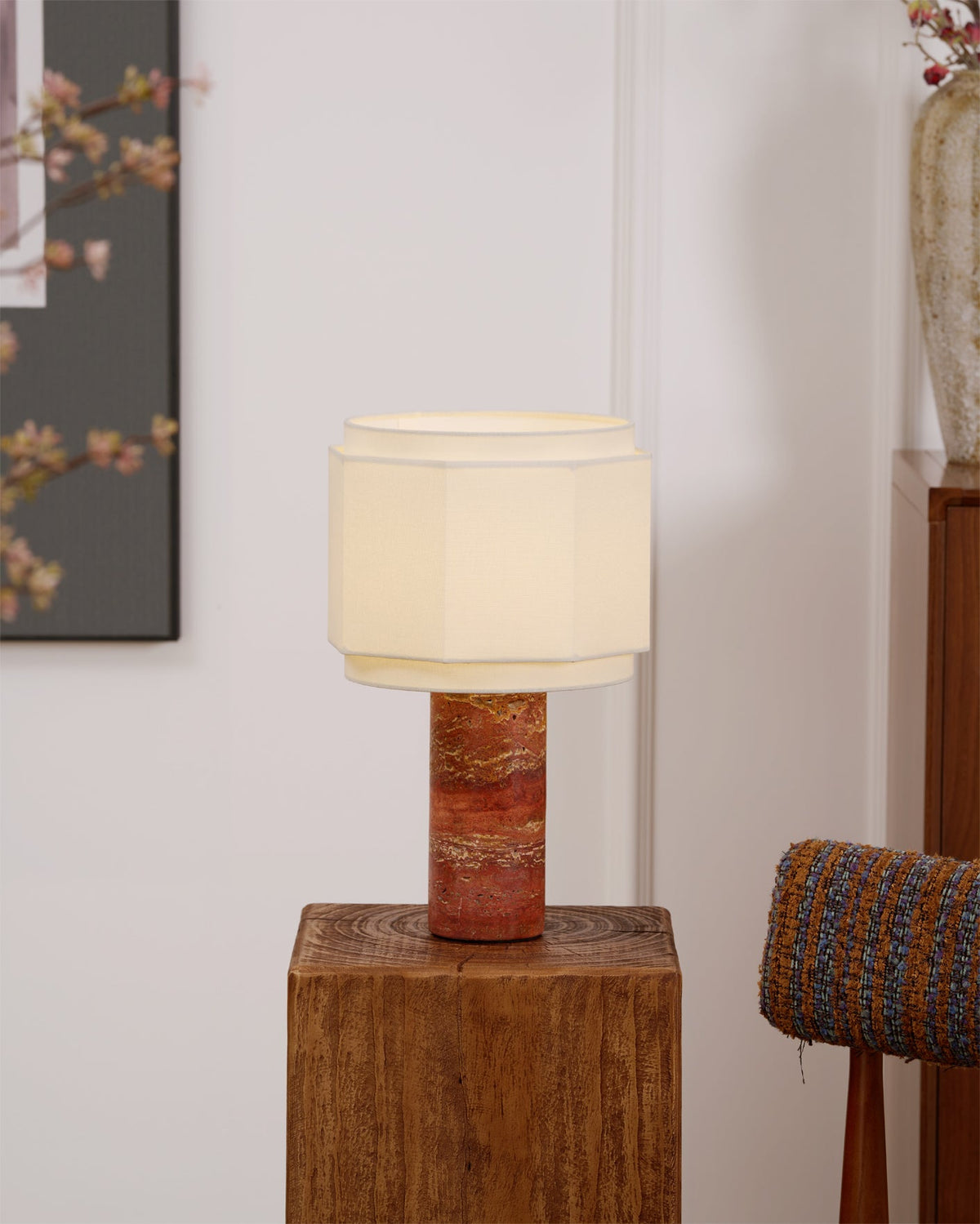 Terra Hexa Table Lamp – Red Travertine & Fabric Hexagonal Shade
