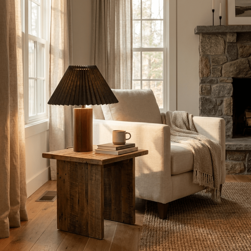 Pleara Sculpted Wood Table Lamp with Pleated Fabric Shade