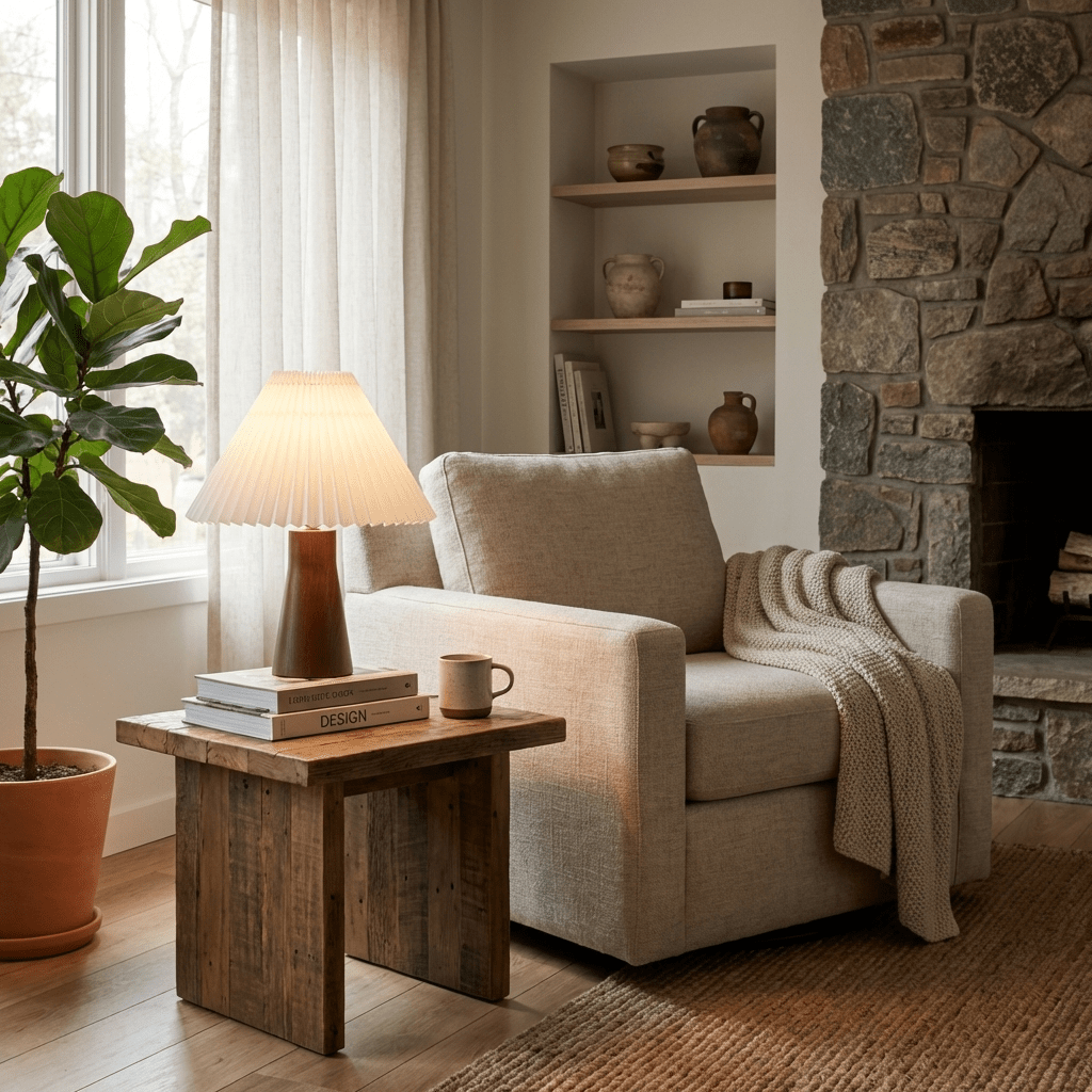 Pleara Sculpted Wood Table Lamp with Pleated Fabric Shade