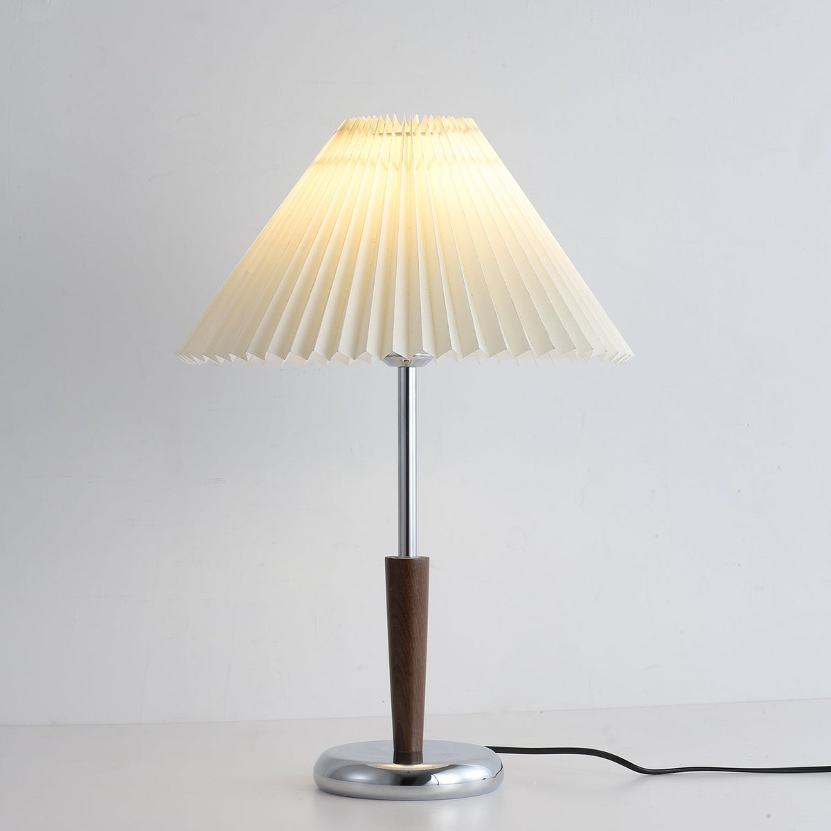 Lynnea Pleated Table Lamp in Chrome & Walnut – Modern Designer Bedside Lighting