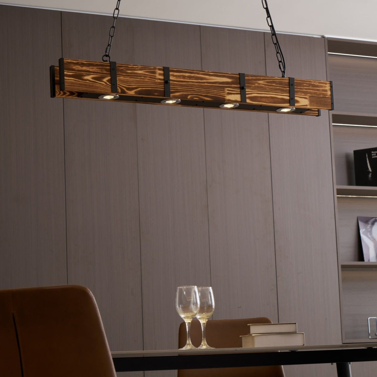 Pleva Linear Wood LED Chandelier, Modern Farmhouse Kitchen Island Light