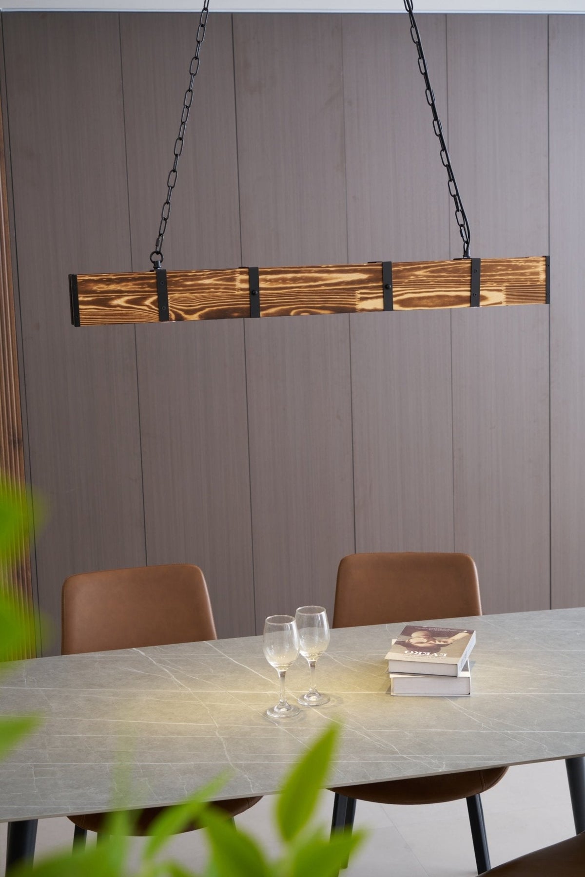 Pleva Linear Wood LED Chandelier, Modern Farmhouse Kitchen Island Light