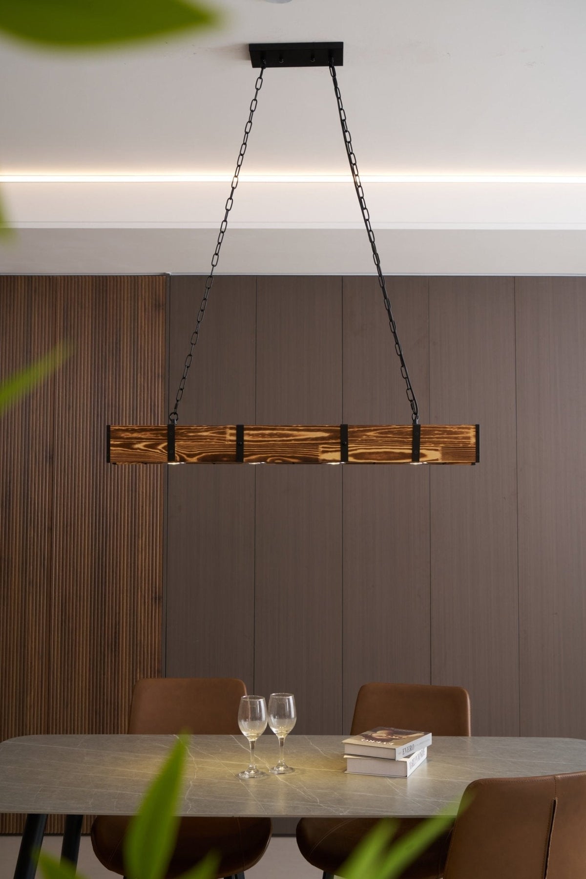 Pleva Linear Wood LED Chandelier, Modern Farmhouse Kitchen Island Light